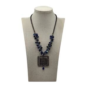 Chico’s Blue Beaded Statement Necklace Silver Tone Square Pendant
